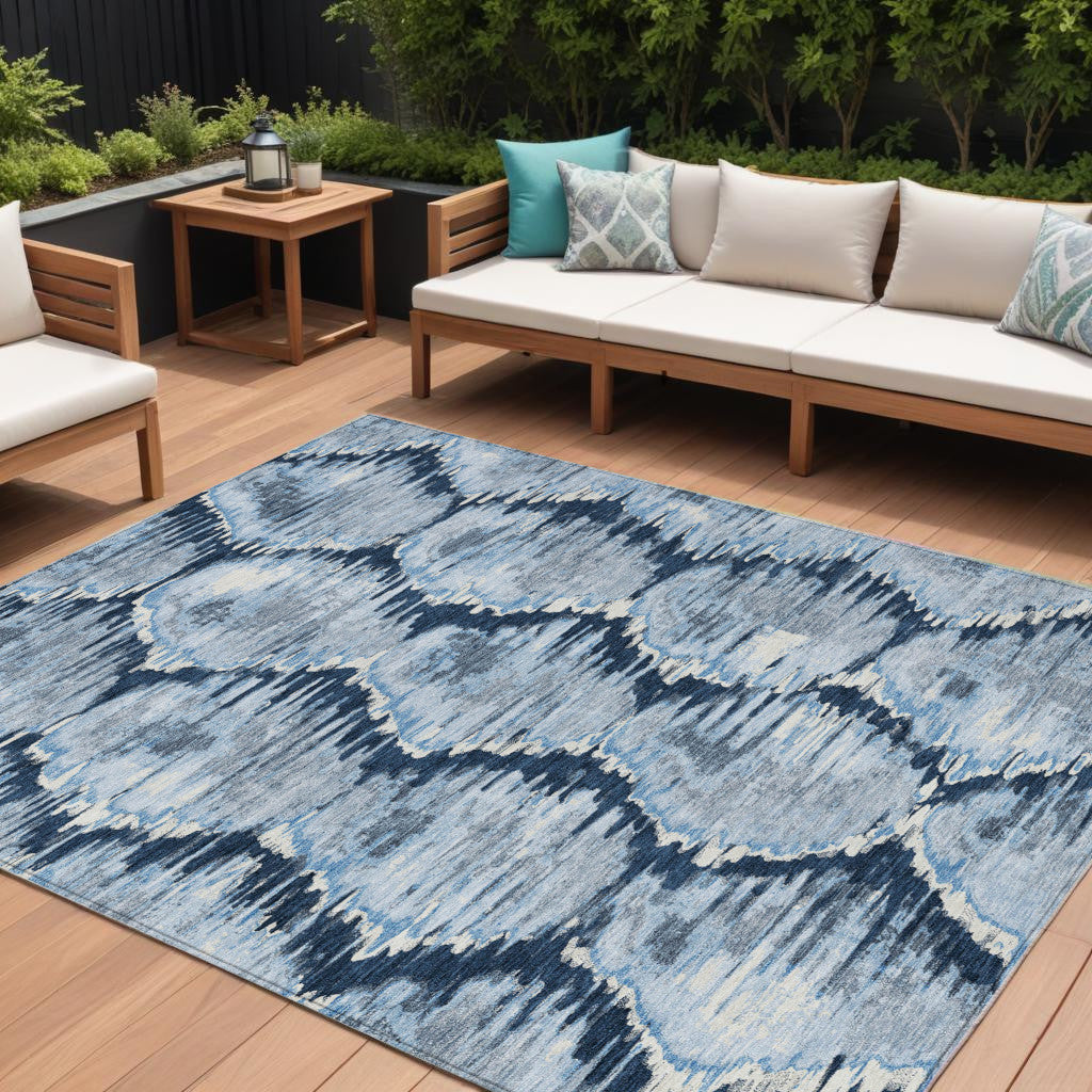 9' X 12' Navy Blue Sky Blue And Ivory Abstract Washable Indoor Outdoor Area Rug