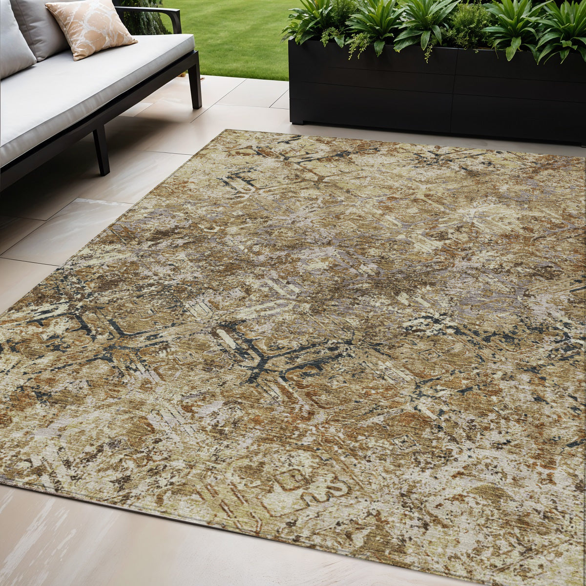 5' X 8' Beige Brown And Copper Geometric Washable Indoor Outdoor Area Rug