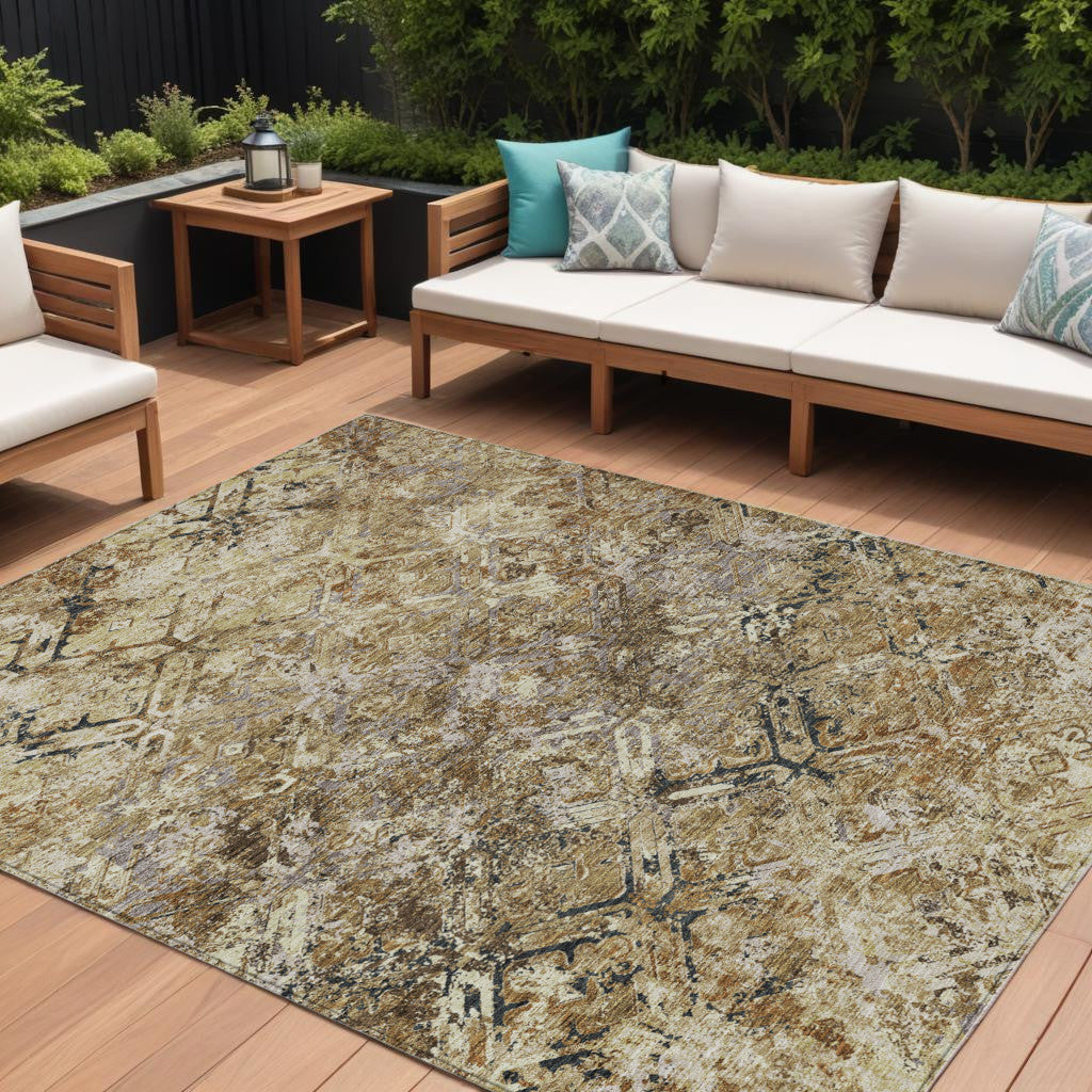 10' X 14' Beige Brown And Copper Geometric Washable Indoor Outdoor Area Rug
