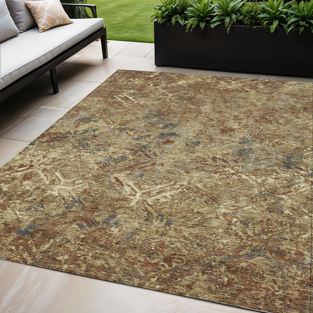 5' X 8' Brown Copper And Gold Geometric Washable Indoor Outdoor Area Rug