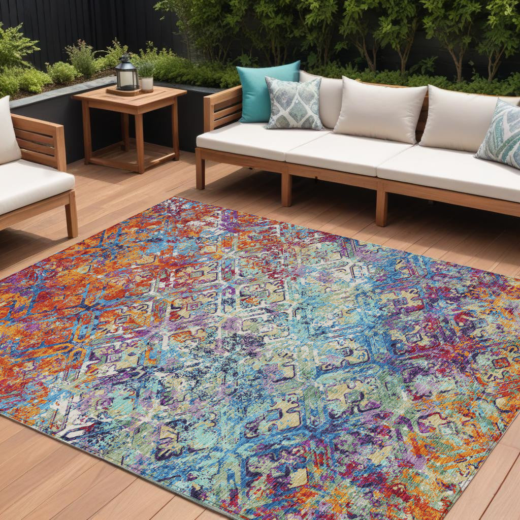 9' X 12' Copper Blue And Red Geometric Washable Indoor Outdoor Area Rug
