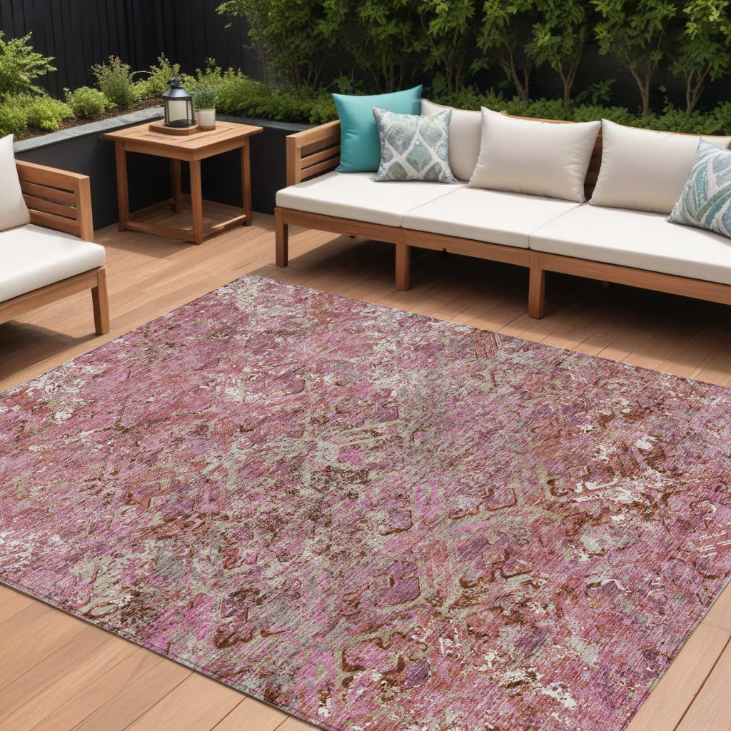10' X 14' Pink Blush And Mauve Geometric Washable Indoor Outdoor Area Rug