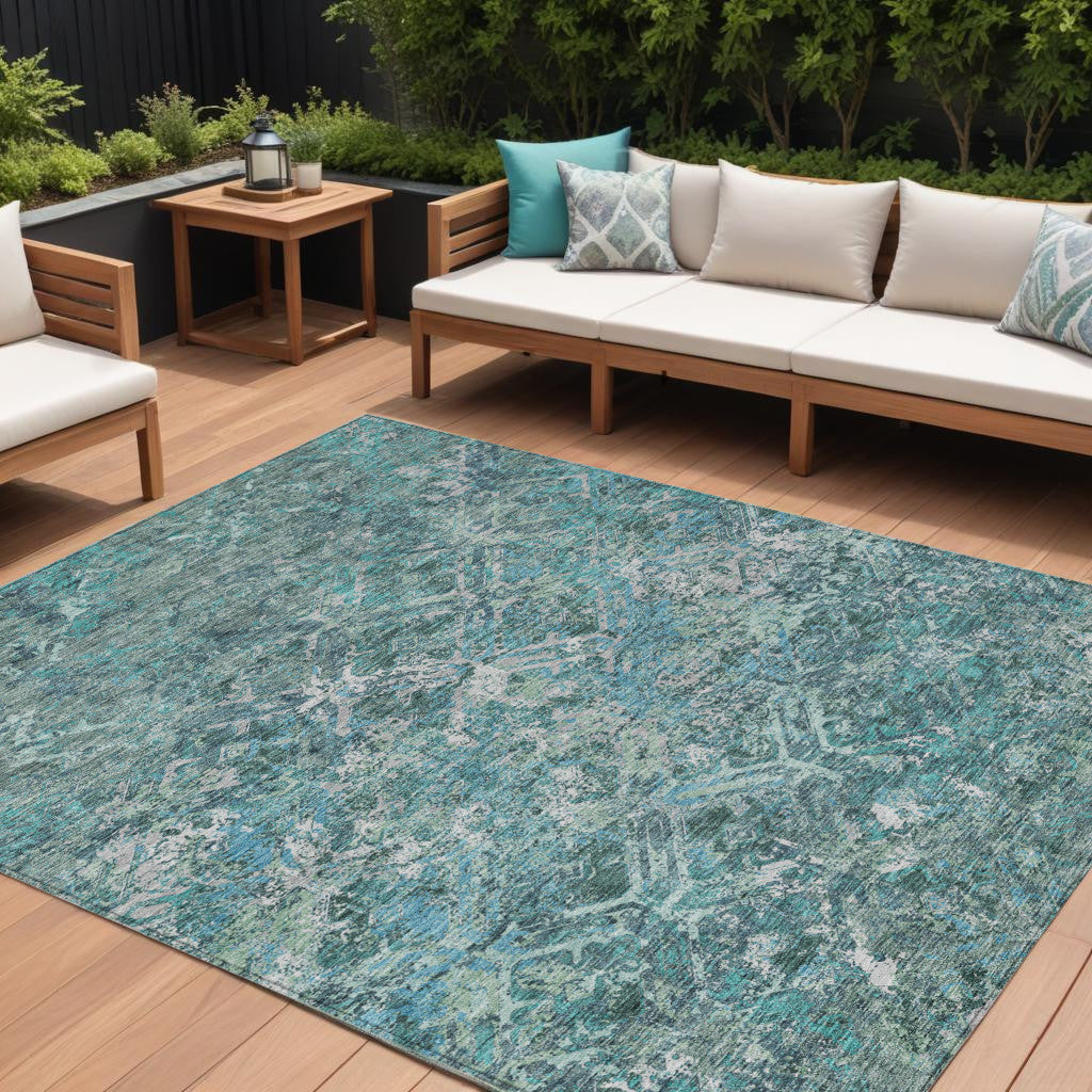 9' X 12' Sage Teal Blue And Gray Geometric Washable Indoor Outdoor Area Rug