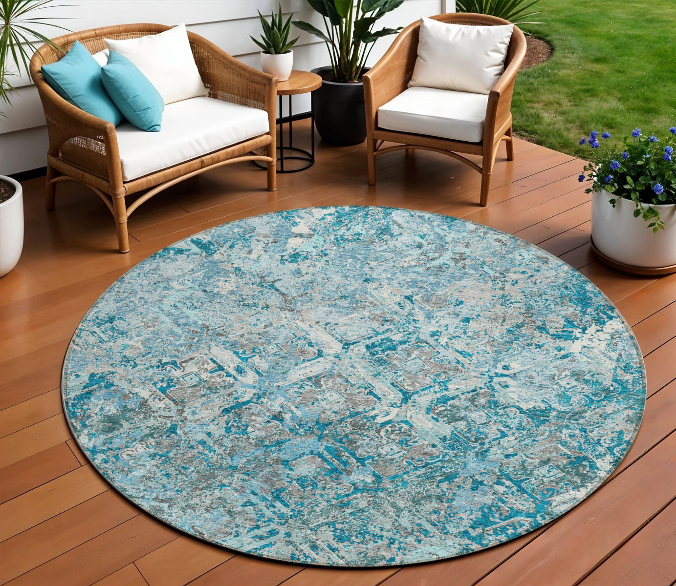 8' Teal Blue Gray And Charcoal Round Geometric Washable Indoor Outdoor Area Rug