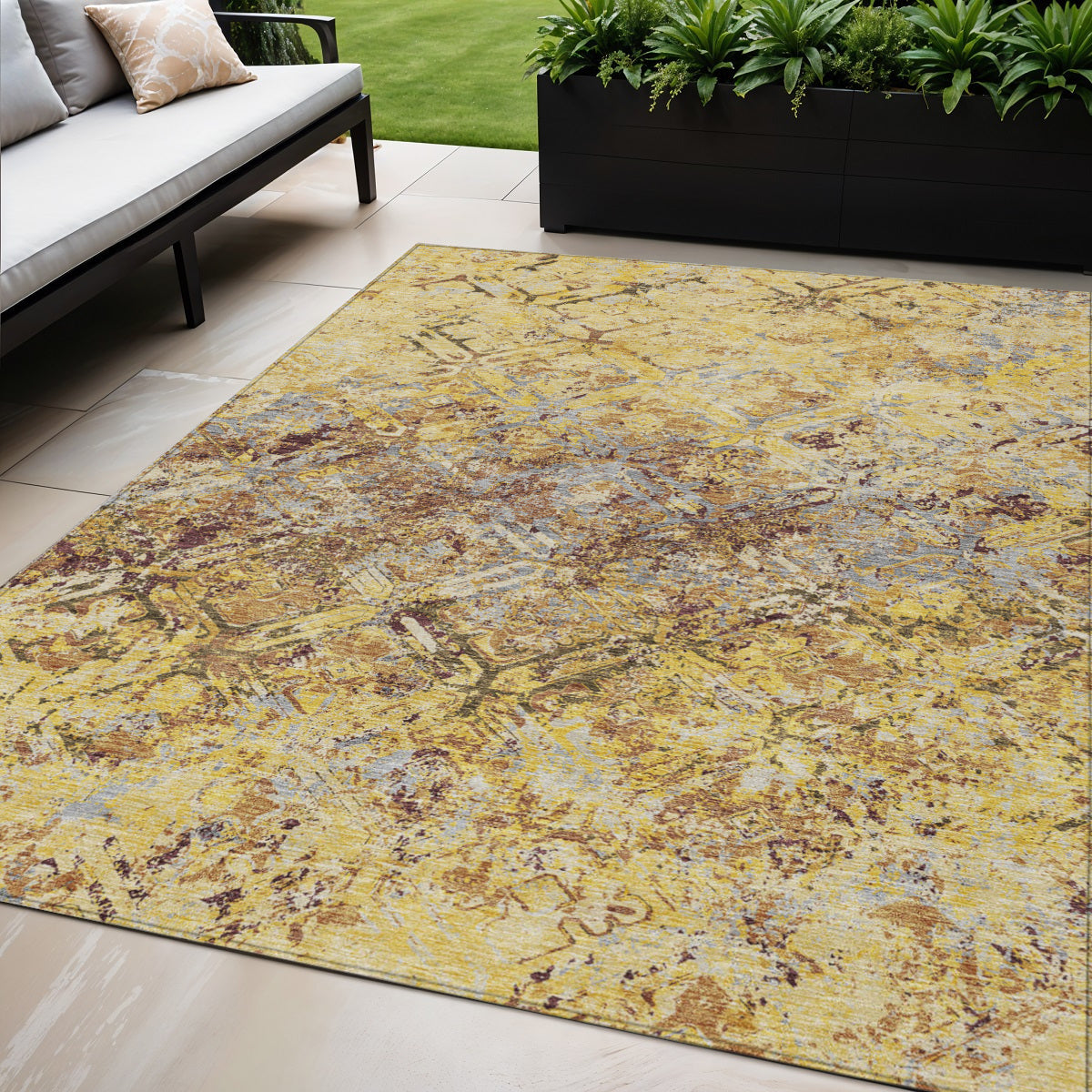 5' X 8' Wheat Gold And Gray Geometric Washable Indoor Outdoor Area Rug