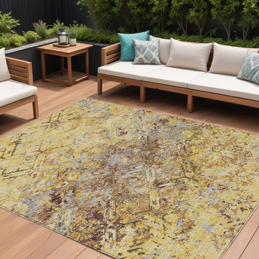 9' X 12' Wheat Gold And Gray Geometric Washable Indoor Outdoor Area Rug