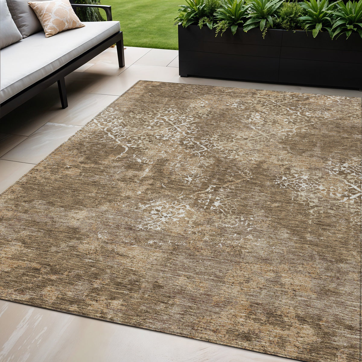 5' X 8' Brown Taupe And Ivory Floral Washable Indoor Outdoor Area Rug