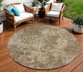 8' Brown Taupe And Ivory Round Floral Washable Indoor Outdoor Area Rug