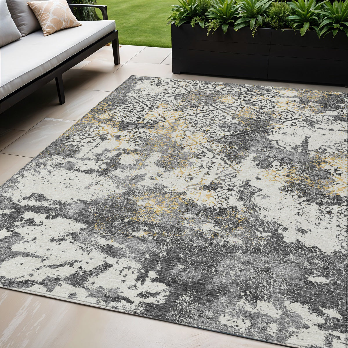 5' X 8' Charcoal Gray And Silver Floral Washable Indoor Outdoor Area Rug