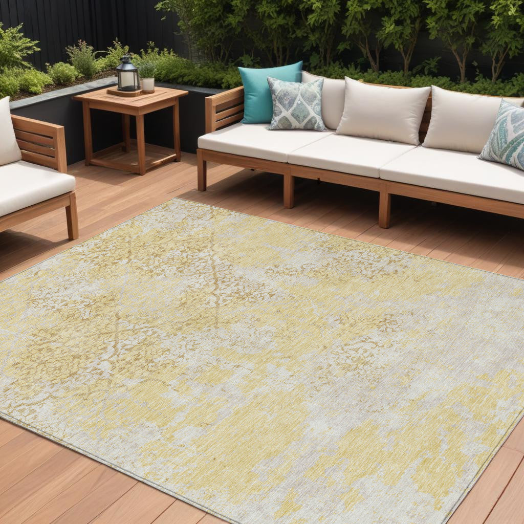 9' X 12' Gold Wheat And Beige Floral Washable Indoor Outdoor Area Rug