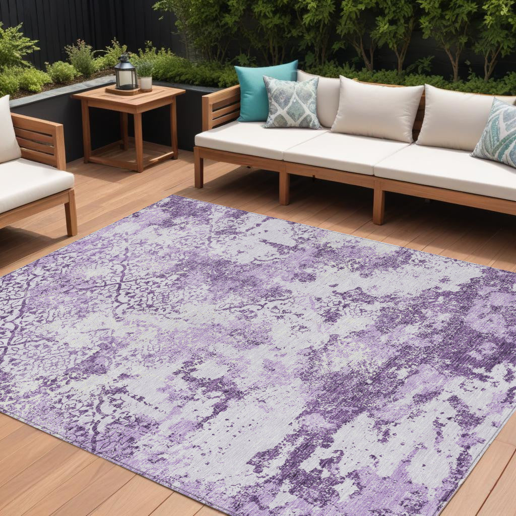 9' X 12' Lavender Purple And Lilac Floral Washable Indoor Outdoor Area Rug