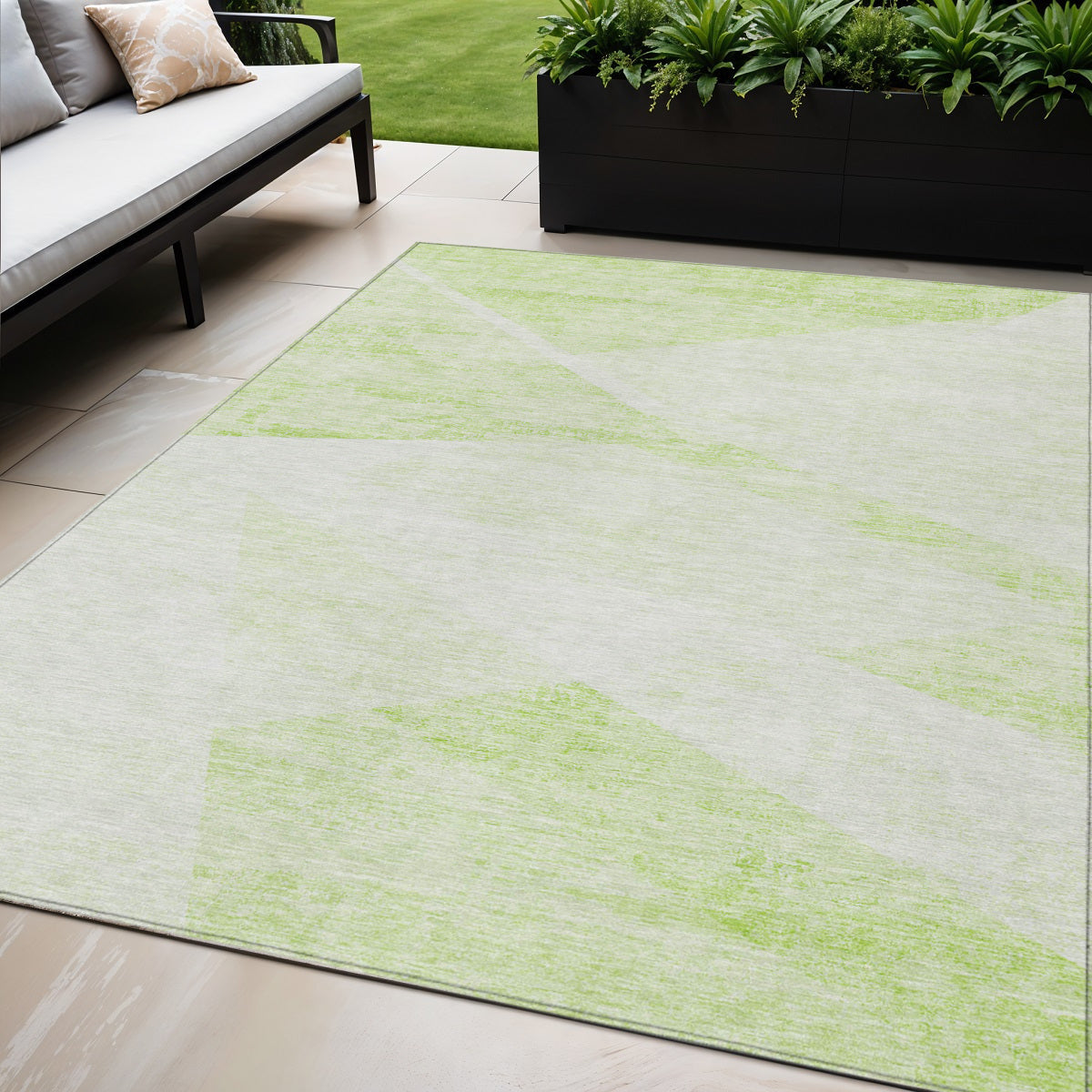 5' X 8' Artichoke Green Lime Green And Ivory Abstract Washable Indoor Outdoor Area Rug