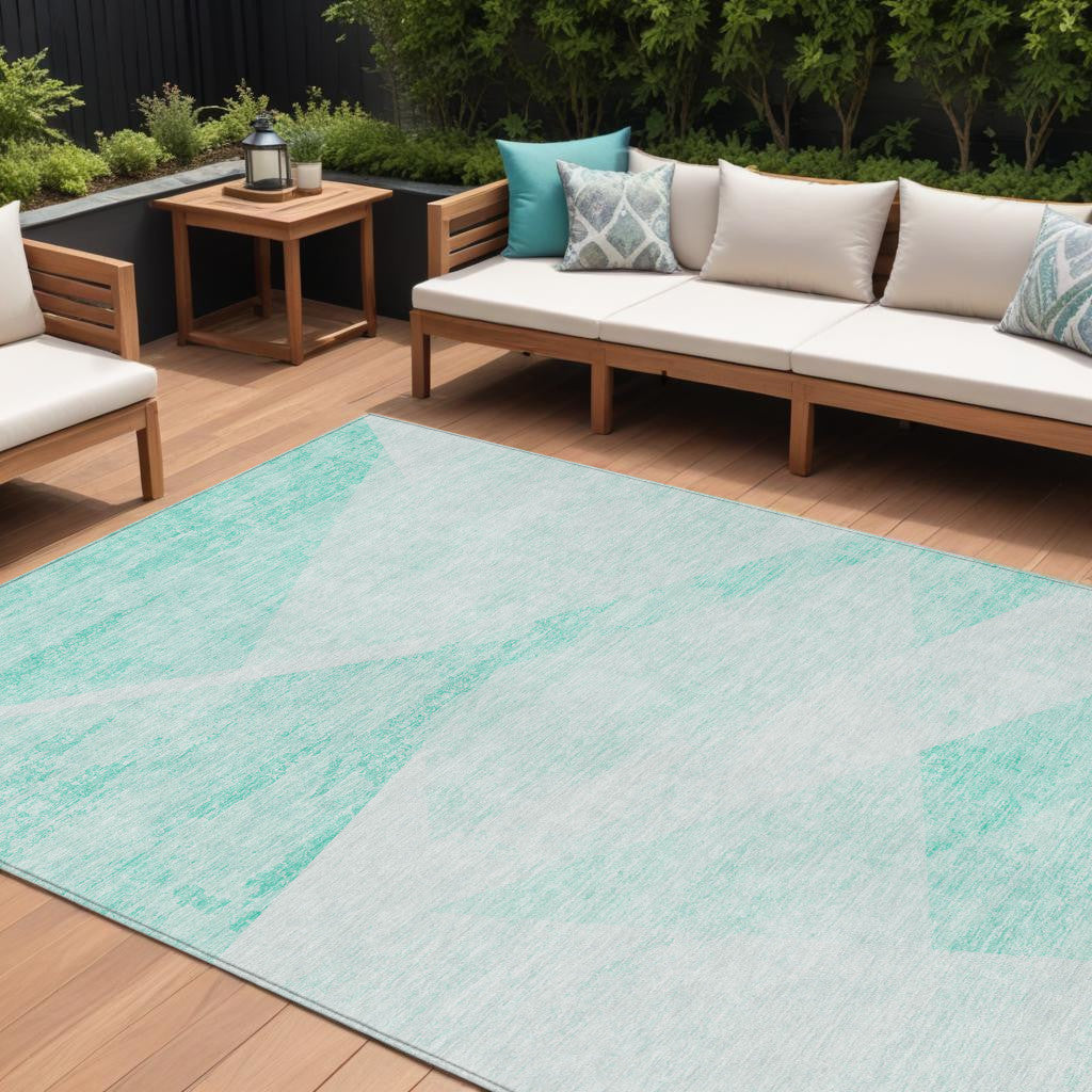 10' X 14' Aqua Sky Blue And Ivory Abstract Washable Indoor Outdoor Area Rug