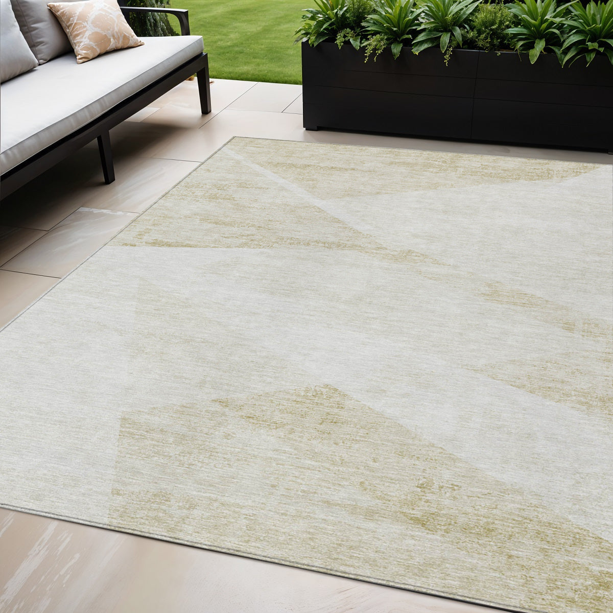 5' X 8' Khaki Beige And Ivory Abstract Washable Indoor Outdoor Area Rug