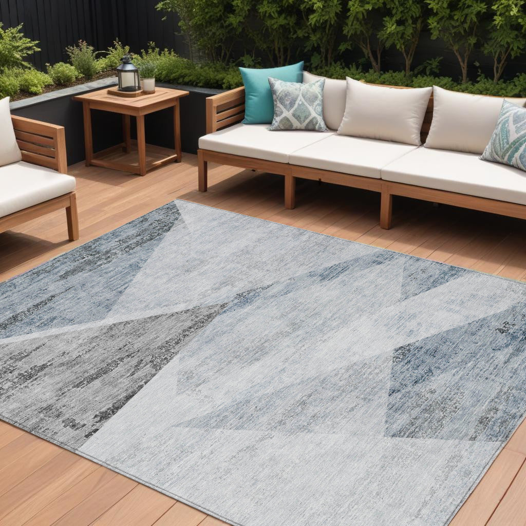 9' X 12' Sky Blue Gray And Charcoal Abstract Washable Indoor Outdoor Area Rug