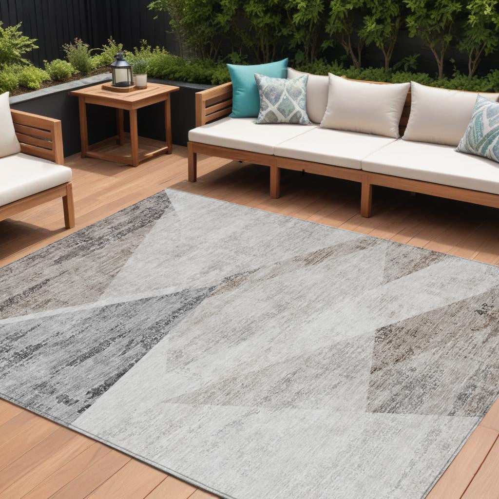 9' X 12' Silver Beige And Gray Abstract Washable Indoor Outdoor Area Rug