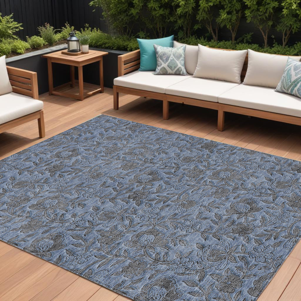 10' X 14' Blue Gray And Charcoal Floral Washable Indoor Outdoor Area Rug
