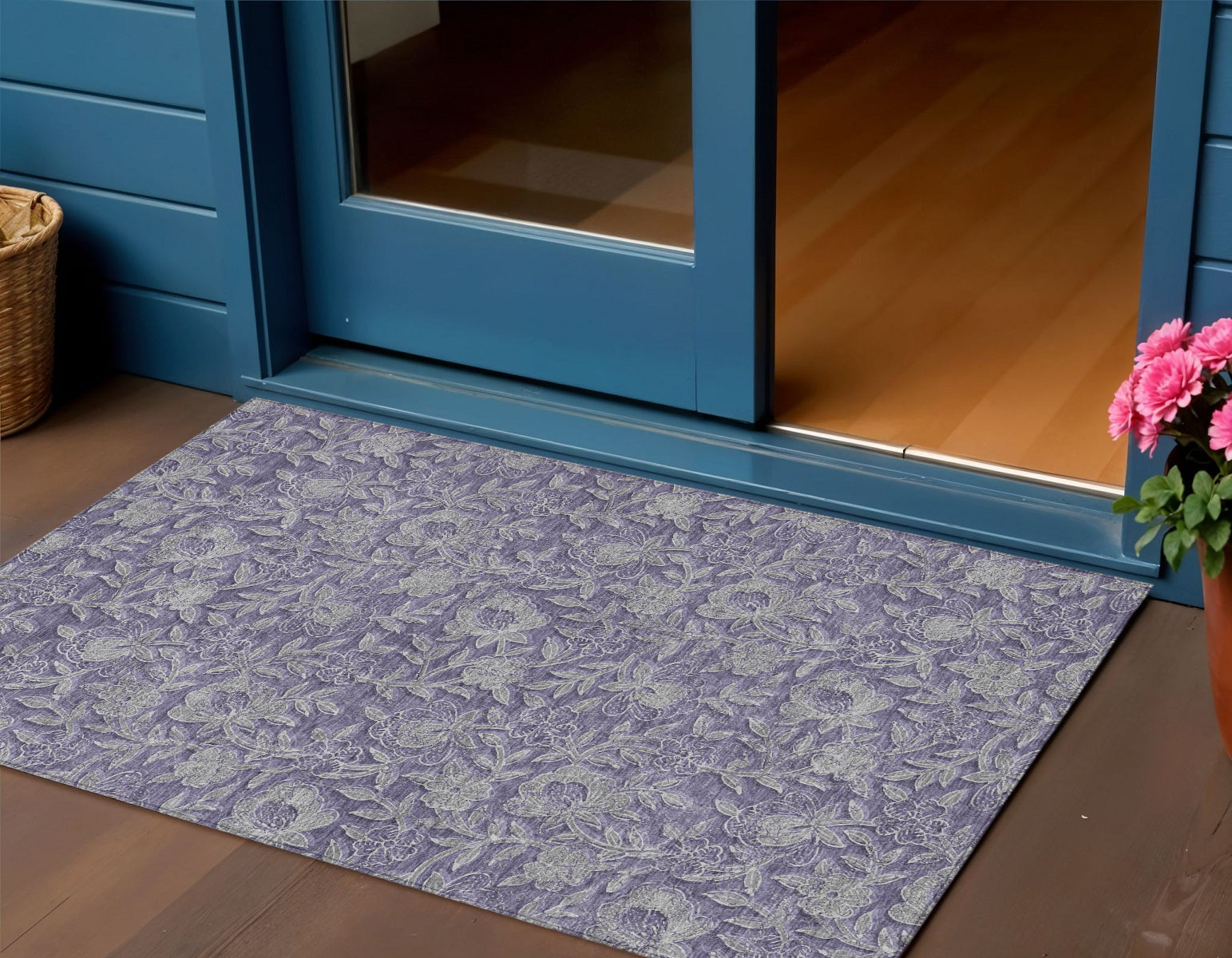 3' X 5' Eggplant Purple And Gray Floral Washable Indoor Outdoor Area Rug