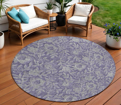 8' Eggplant Purple And Gray Round Floral Washable Indoor Outdoor Area Rug