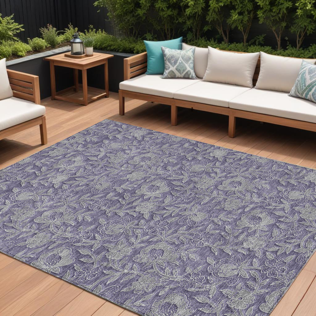 10' X 14' Eggplant Purple And Gray Floral Washable Indoor Outdoor Area Rug