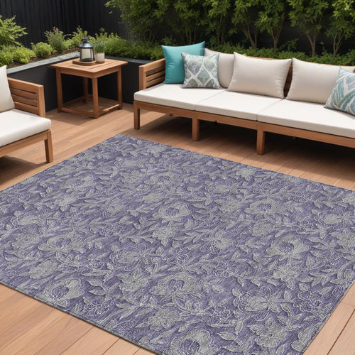 10' X 14' Eggplant Purple And Gray Floral Washable Indoor Outdoor Area Rug
