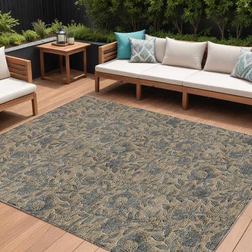 10' X 14' Khaki Beige And Gray Floral Washable Indoor Outdoor Area Rug