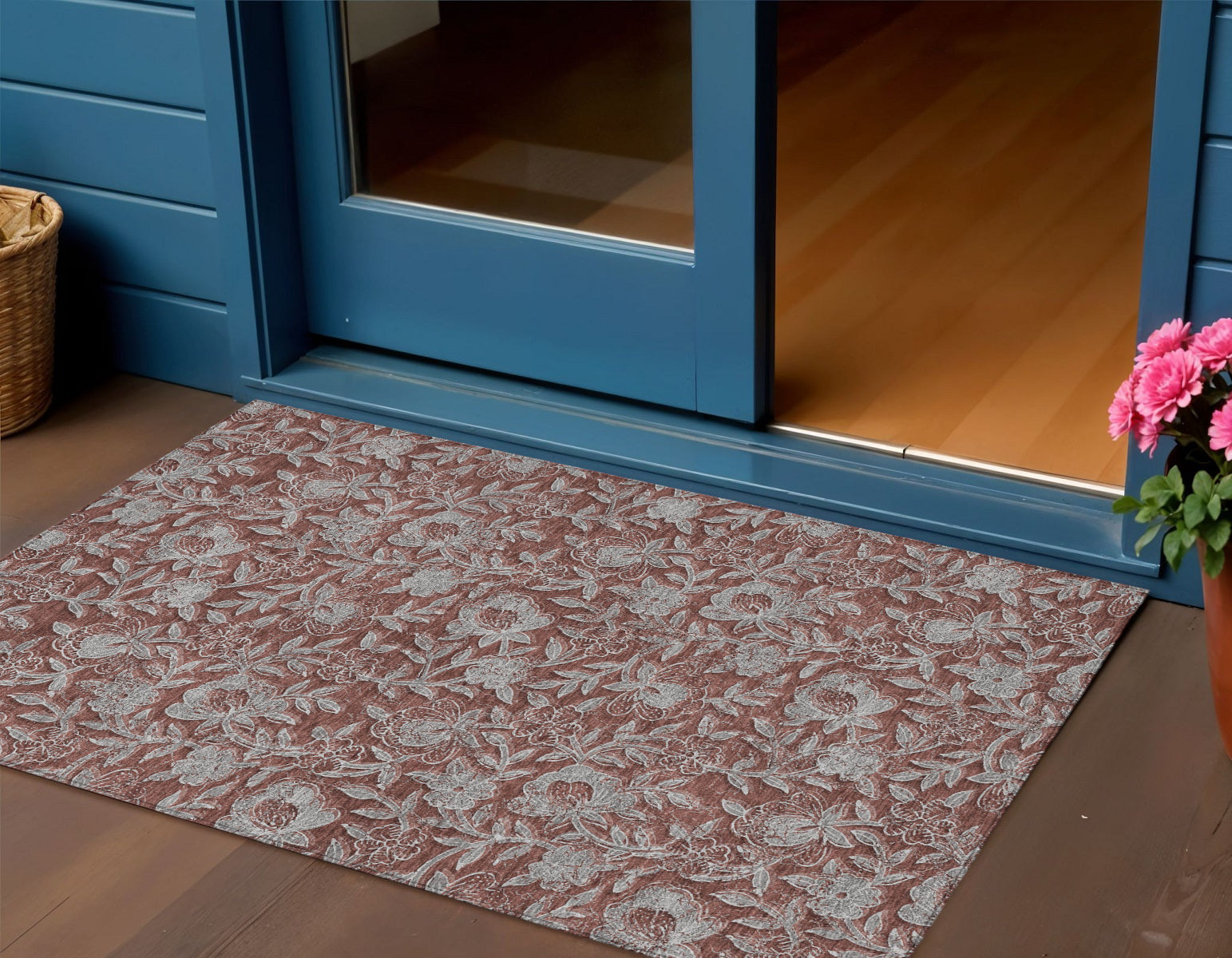 3' X 5' Orange Gray And Silver Floral Washable Indoor Outdoor Area Rug