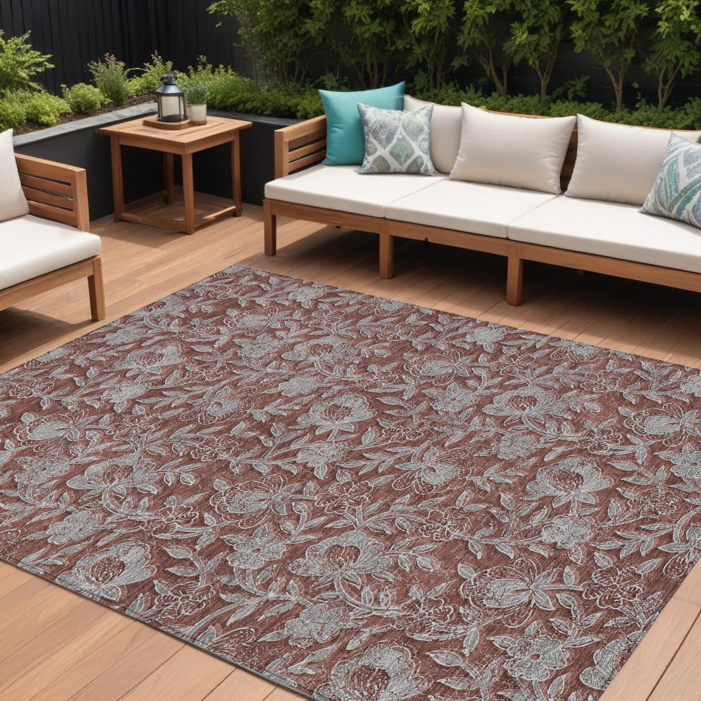 10' X 14' Orange Gray And Silver Floral Washable Indoor Outdoor Area Rug