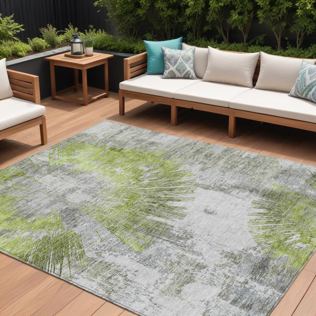 10' X 14' Artichoke Green Gray And Charcoal Abstract Washable Indoor Outdoor Area Rug