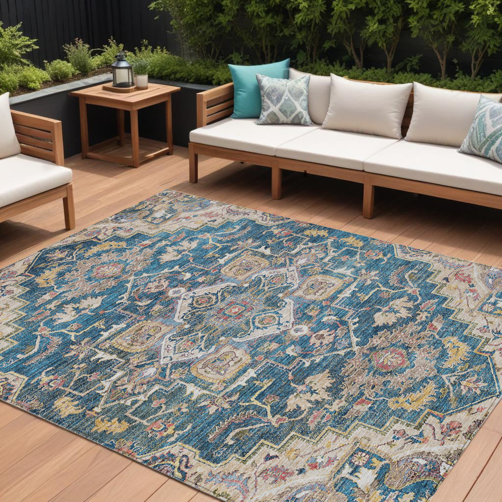 10' X 14' Blue Beige And Gold Oriental Washable Indoor Outdoor Area Rug