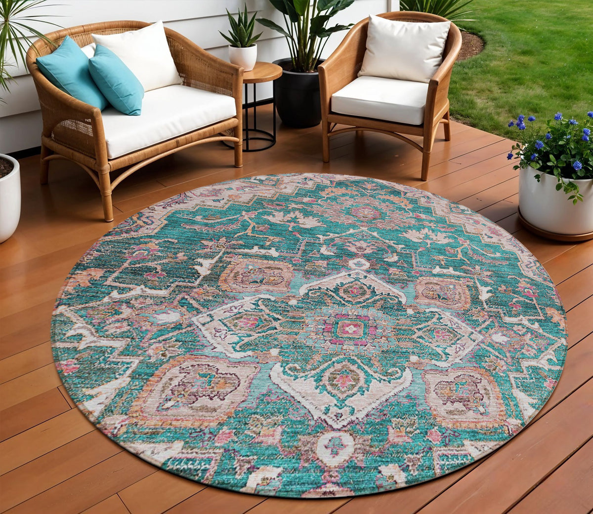8' Emerald Teal Blue And Beige Round Oriental Washable Indoor Outdoor Area Rug