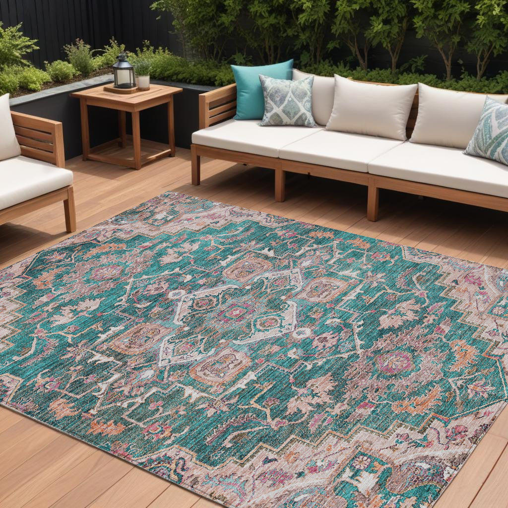 9' X 12' Emerald Teal Blue And Beige Oriental Washable Indoor Outdoor Area Rug