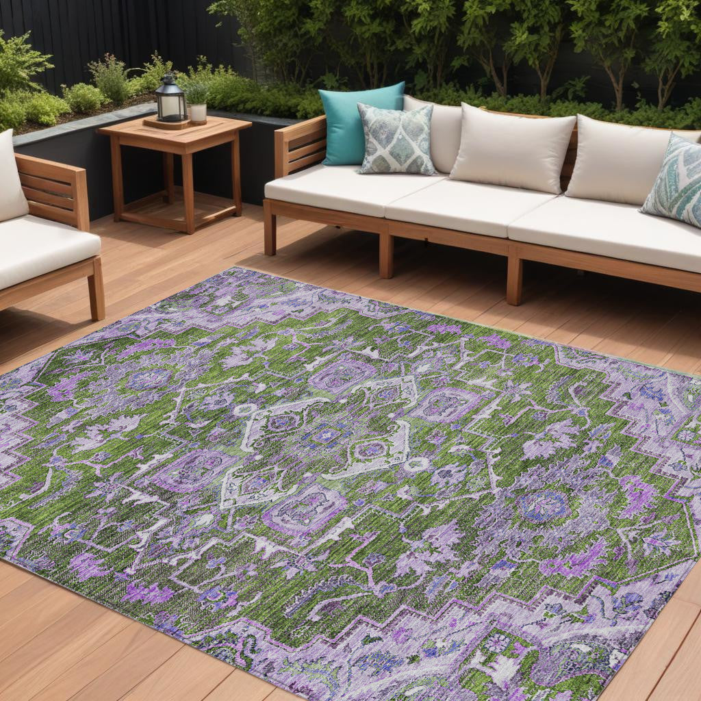 9' X 12' Olive Green And Purple Oriental Washable Indoor Outdoor Area Rug