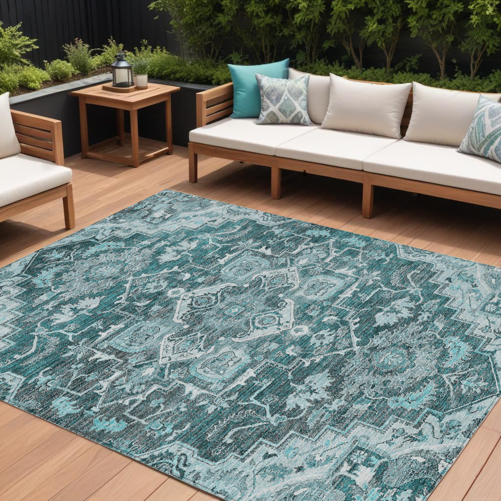 10' X 14' Teal Blue Gray And Charcoal Oriental Washable Indoor Outdoor Area Rug