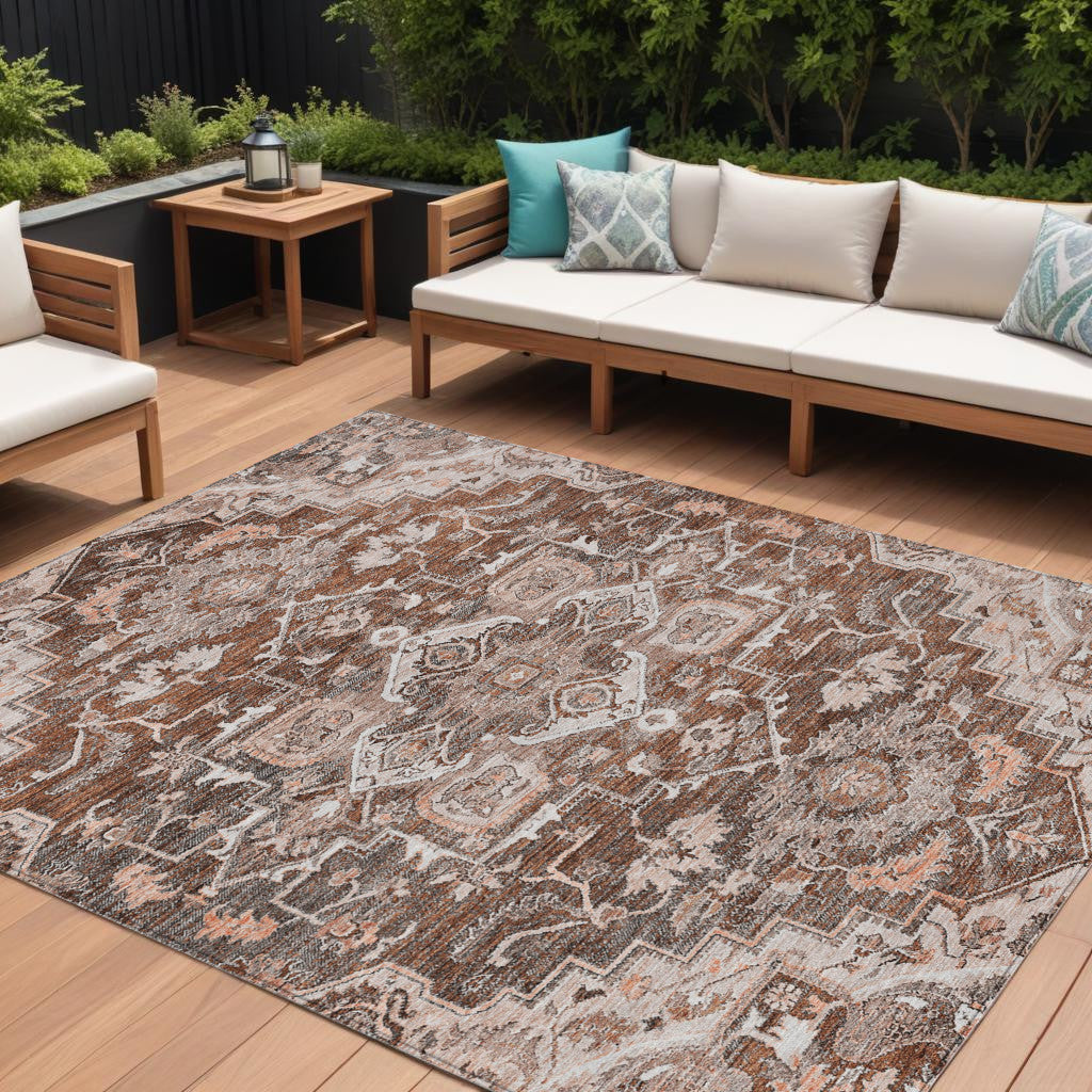9' X 12' Terra Cotta Brown And Copper Oriental Washable Indoor Outdoor Area Rug