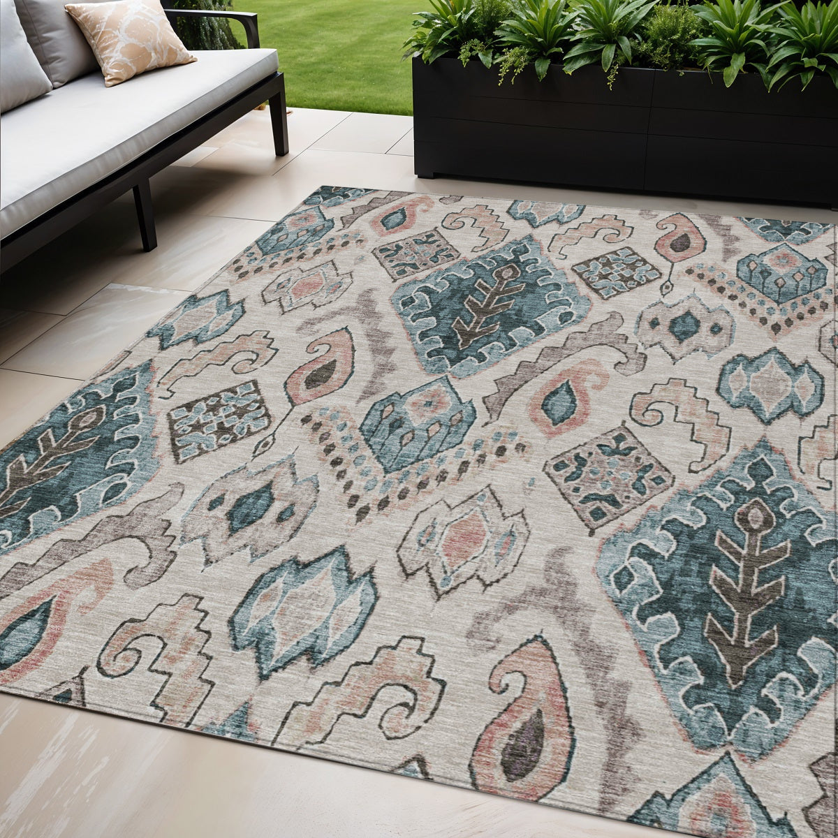 5' X 8' Beige Teal Blue And Copper Moroccan Washable Indoor Outdoor Area Rug