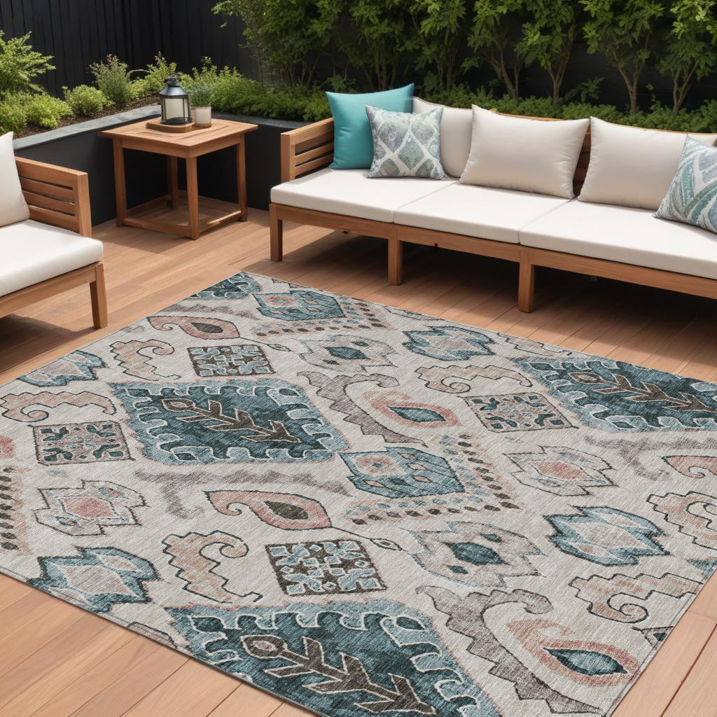 10' X 14' Beige Teal Blue And Copper Moroccan Washable Indoor Outdoor Area Rug