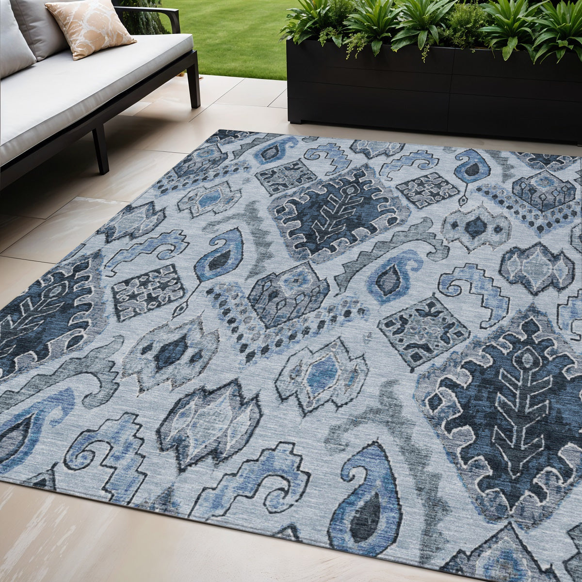 5' X 8' Denim Blue And Sky Blue Moroccan Washable Indoor Outdoor Area Rug