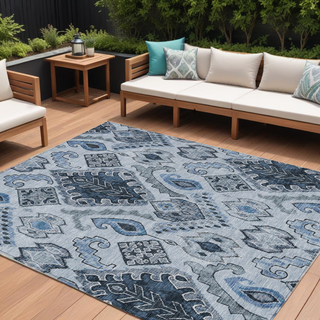10' X 14' Denim Blue And Sky Blue Moroccan Washable Indoor Outdoor Area Rug