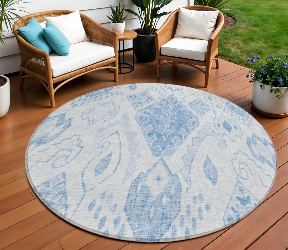 8' Denim Blue And Sky Blue Round Moroccan Washable Indoor Outdoor Area Rug