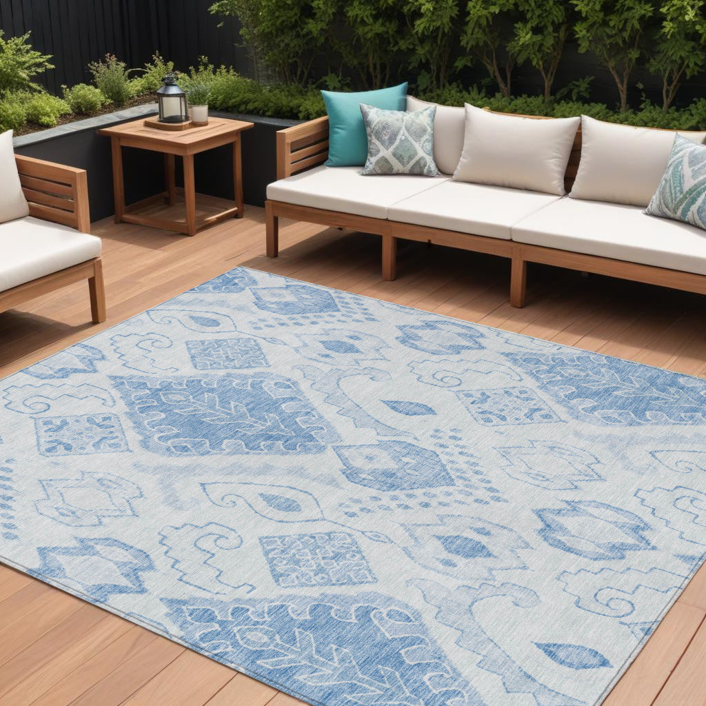 9' X 12' Denim Blue And Sky Blue Moroccan Washable Indoor Outdoor Area Rug