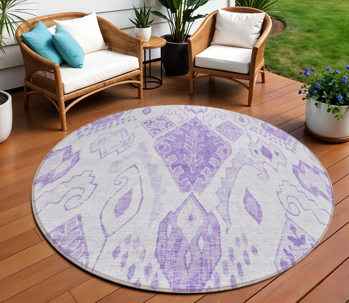 8' Purple Lavender And Ivory Round Moroccan Washable Indoor Outdoor Area Rug