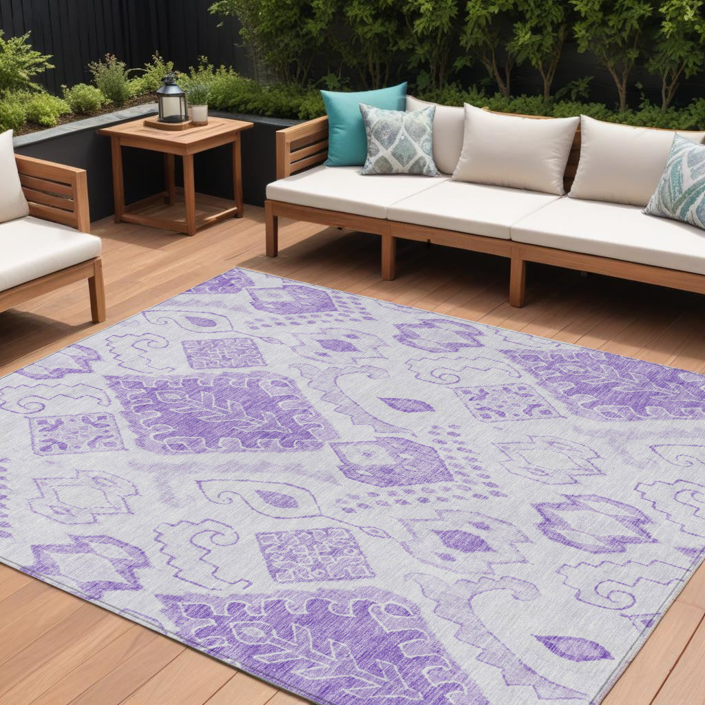 9' X 12' Purple Lavender And Ivory Moroccan Washable Indoor Outdoor Area Rug