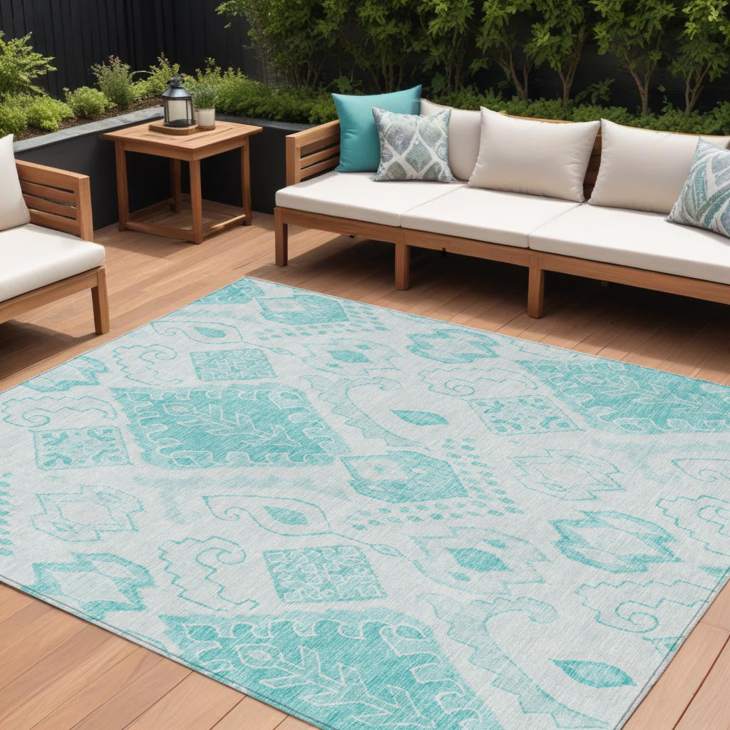 9' X 12' Teal Blue Aqua And Ivory Moroccan Washable Indoor Outdoor Area Rug