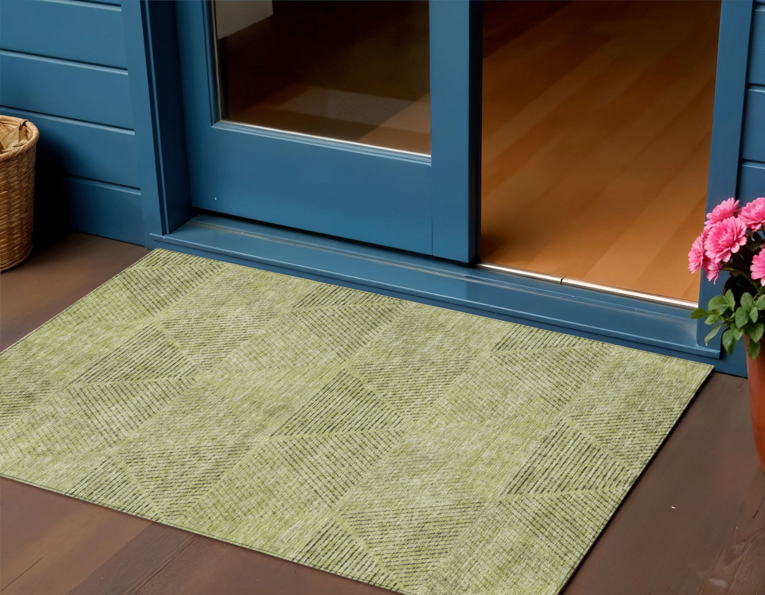 3' X 5' Artichoke Green And Fern Green Geometric Washable Indoor Outdoor Area Rug