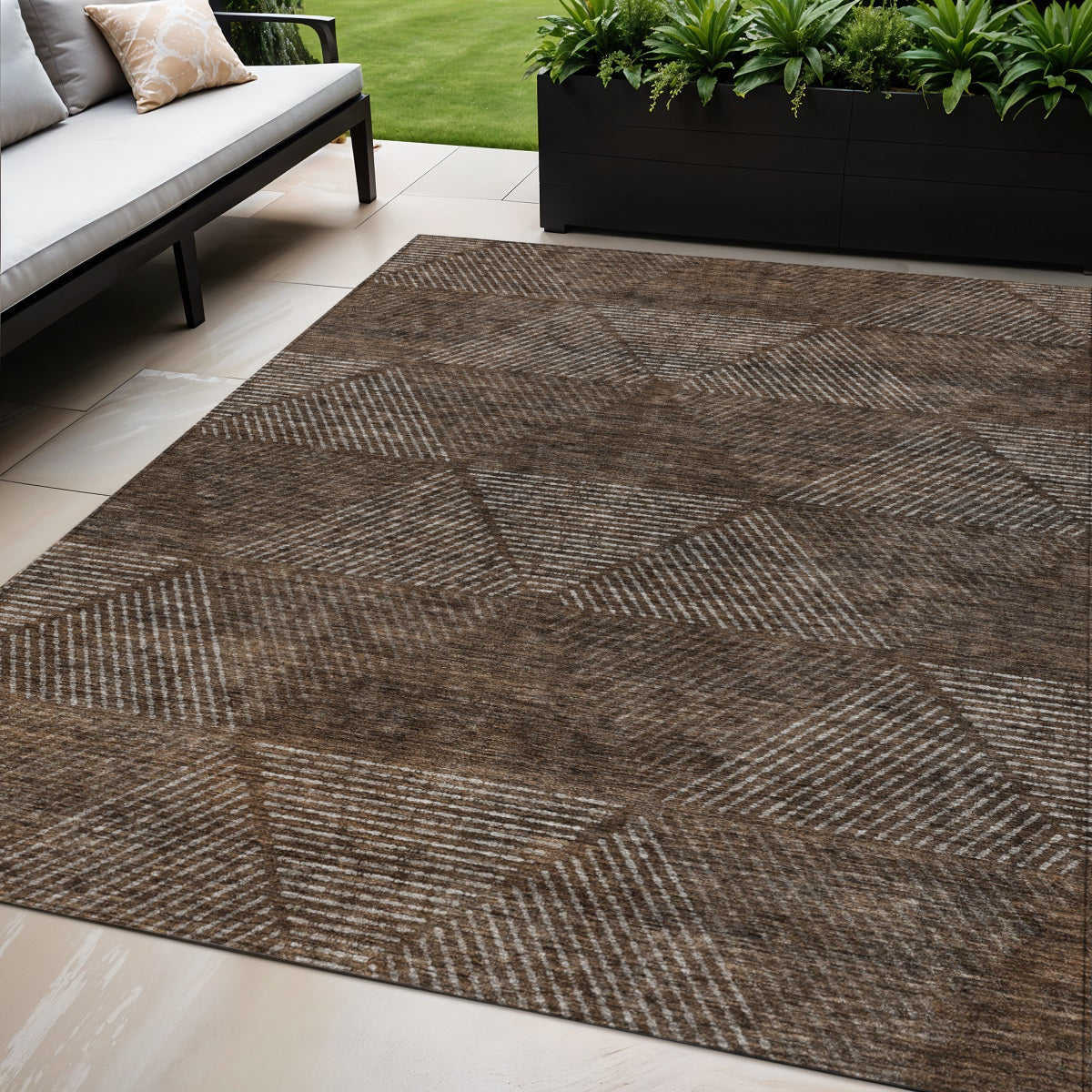 5' X 8' Brown And Taupe Geometric Washable Indoor Outdoor Area Rug