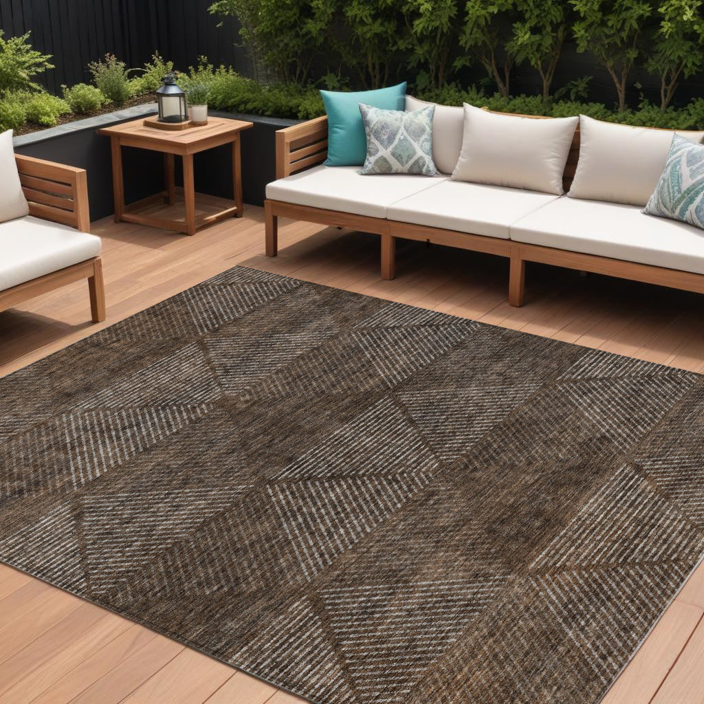 9' X 12' Brown And Taupe Geometric Washable Indoor Outdoor Area Rug
