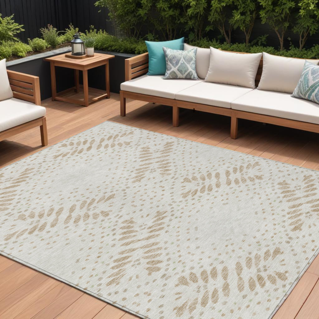 10' X 14' Beige Taupe And Tan Floral Washable Indoor Outdoor Area Rug