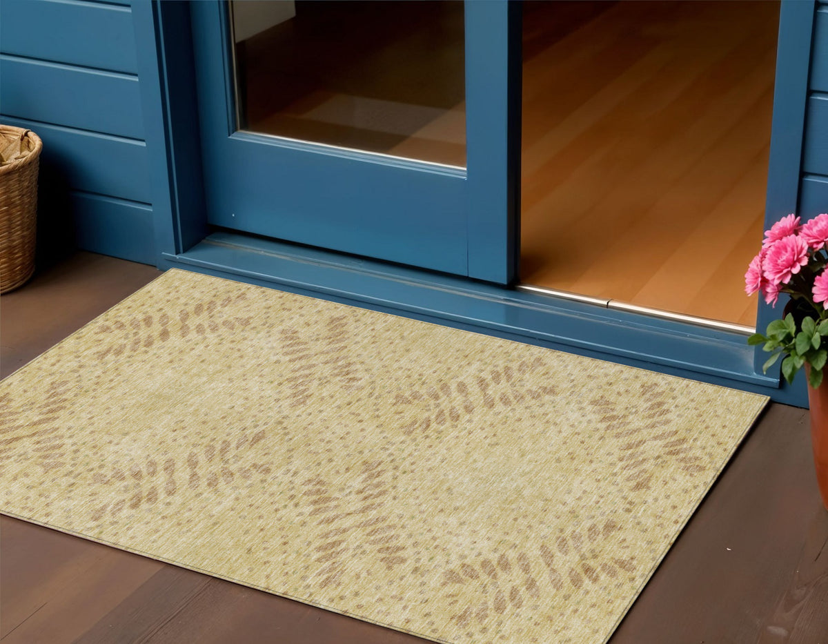 3' X 5' Gold Beige And Taupe Floral Washable Indoor Outdoor Area Rug