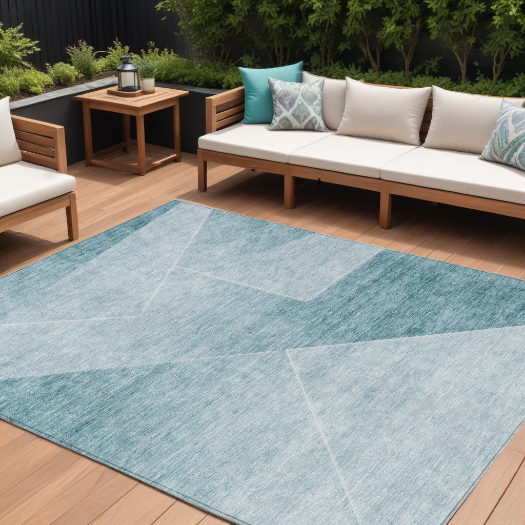 9' X 12' Teal Blue And Aqua Abstract Washable Indoor Outdoor Area Rug